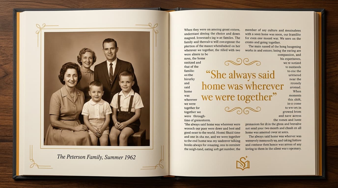 StoryBind sample page spread with a family portrait and quote