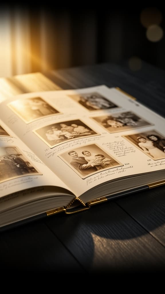 Open StoryBind memory book with family photographs on the pages